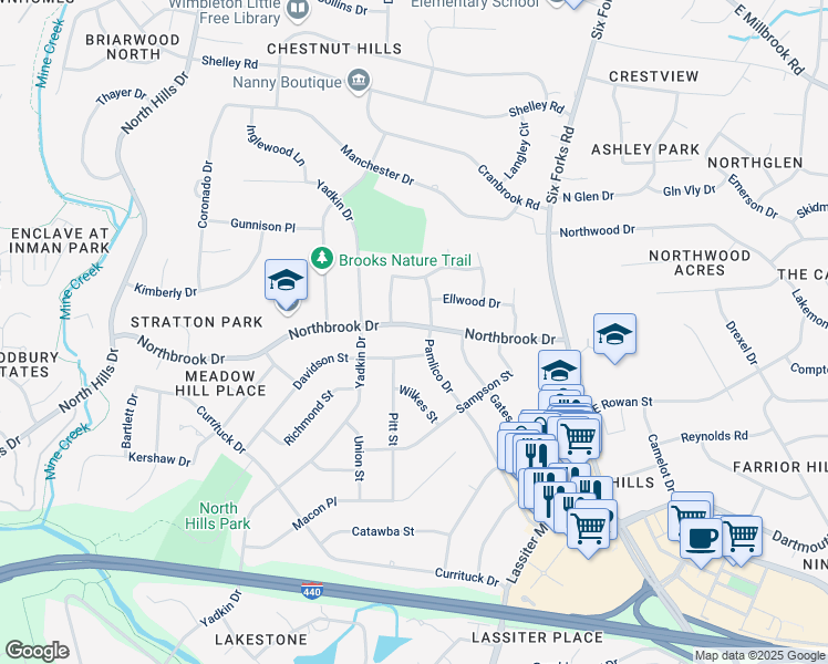 map of restaurants, bars, coffee shops, grocery stores, and more near 505 Northbrook Drive in Raleigh