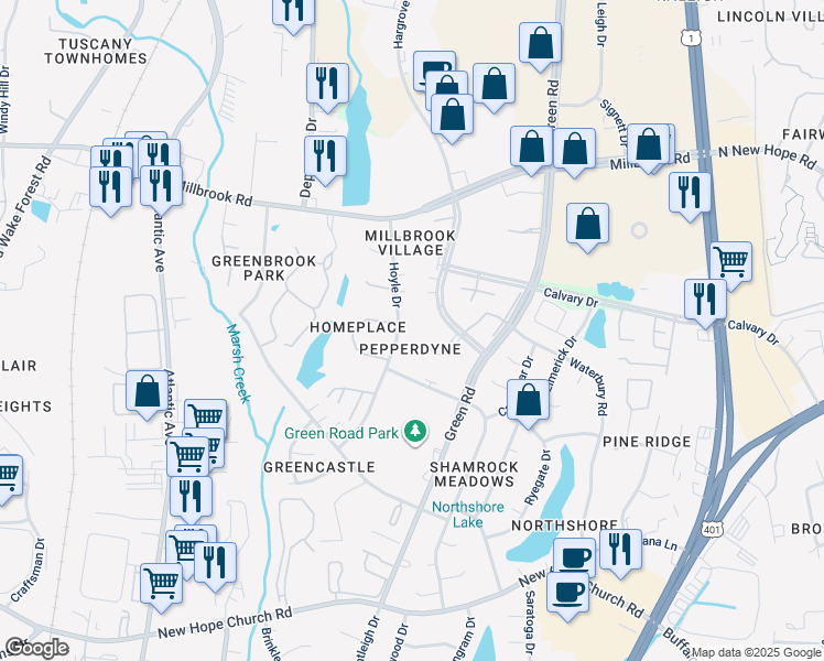 map of restaurants, bars, coffee shops, grocery stores, and more near 4720 Matt Drive in Raleigh