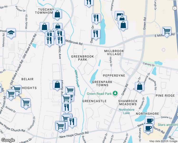 map of restaurants, bars, coffee shops, grocery stores, and more near 4607 Grinding Stone Drive in Raleigh
