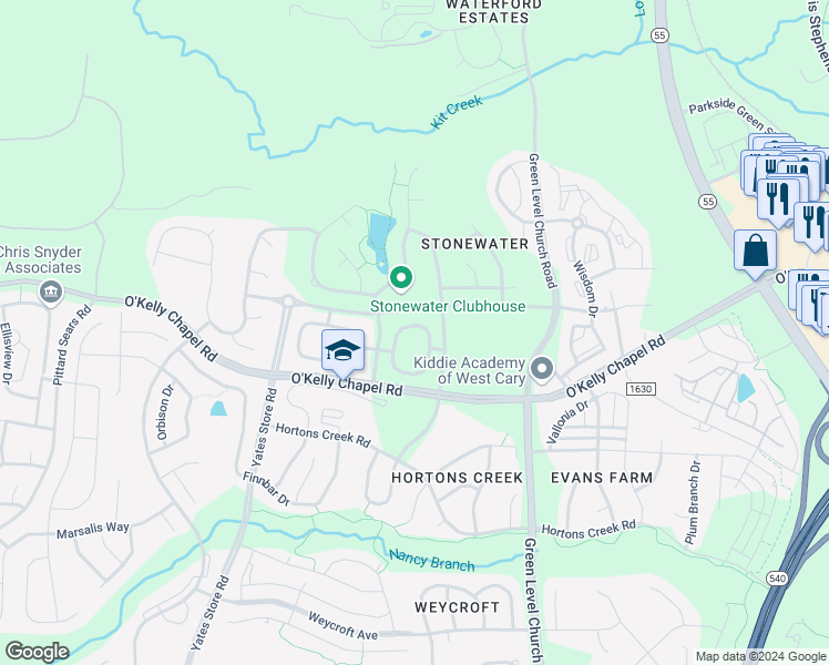 map of restaurants, bars, coffee shops, grocery stores, and more near 508 Panorama Park Place in Cary