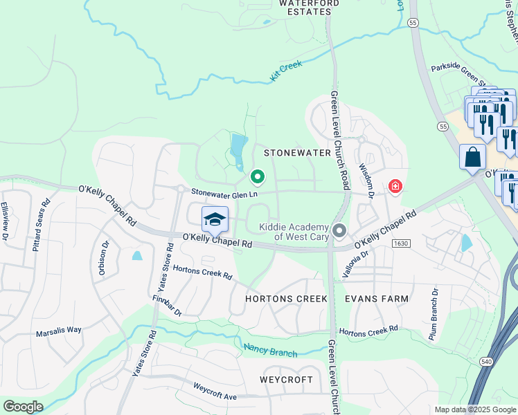 map of restaurants, bars, coffee shops, grocery stores, and more near 536 Panorama Park Place in Cary