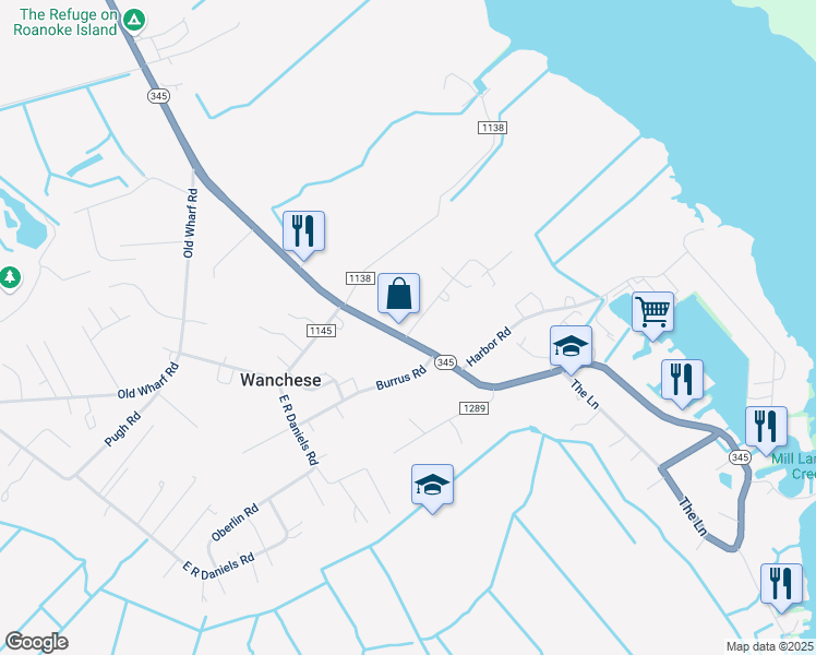 map of restaurants, bars, coffee shops, grocery stores, and more near 3825-3841 Mill Landing Road in Wanchese