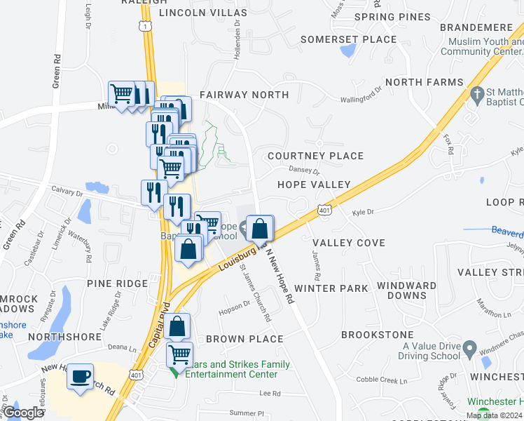 map of restaurants, bars, coffee shops, grocery stores, and more near 4554 North New Hope Road in Raleigh