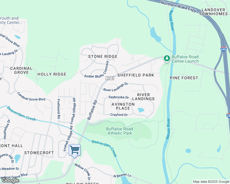 map of restaurants, bars, coffee shops, grocery stores, and more near 6024 River Landings Drive in Raleigh