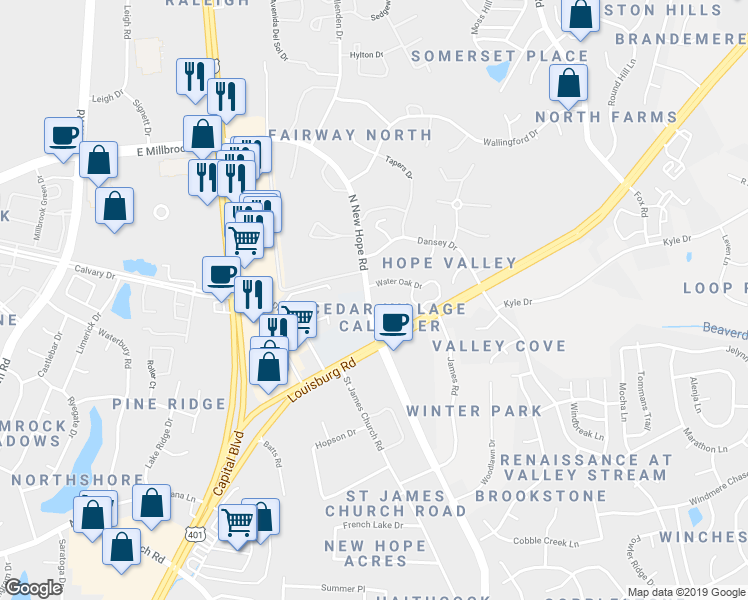 map of restaurants, bars, coffee shops, grocery stores, and more near 4301 Louisburg Road in Raleigh