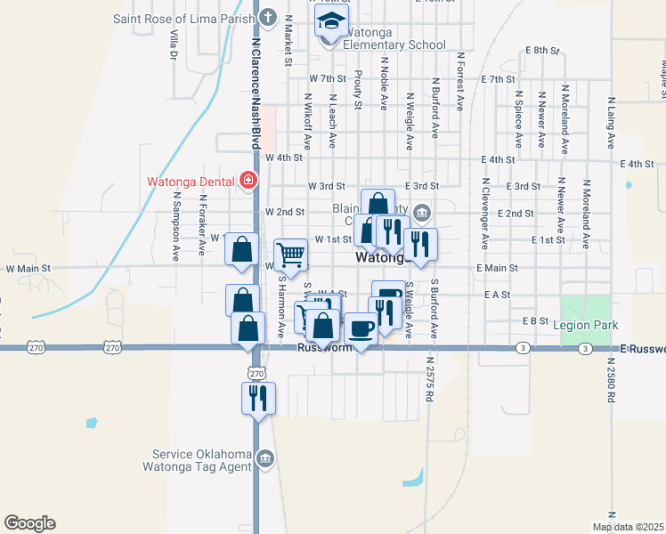 map of restaurants, bars, coffee shops, grocery stores, and more near 301 West Main Street in Watonga