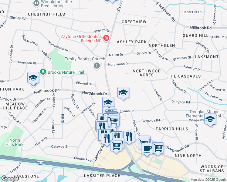 map of restaurants, bars, coffee shops, grocery stores, and more near 123-199 Northbrook Drive in Raleigh