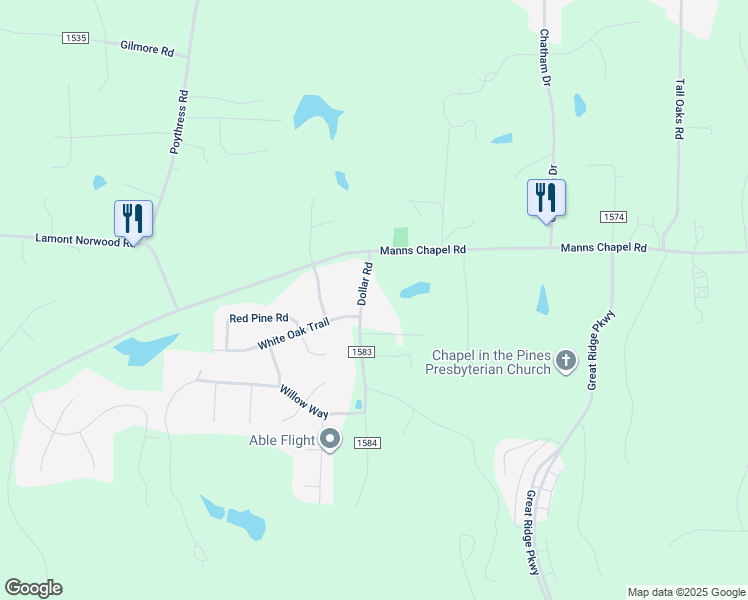 map of restaurants, bars, coffee shops, grocery stores, and more near 117 Dollar Road in Chapel Hill