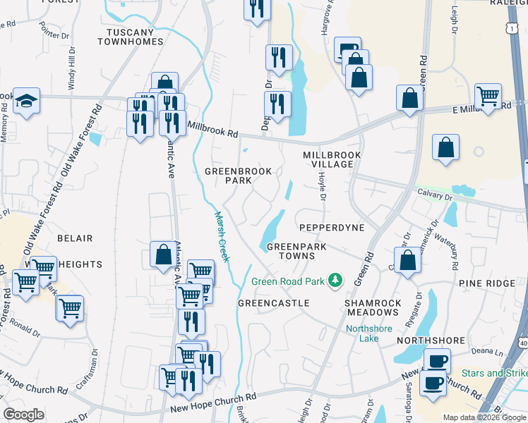 map of restaurants, bars, coffee shops, grocery stores, and more near 4646 Grinding Stone Drive in Raleigh