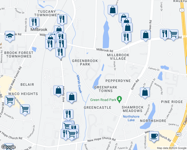 map of restaurants, bars, coffee shops, grocery stores, and more near 4646 Grinding Stone Drive in Raleigh