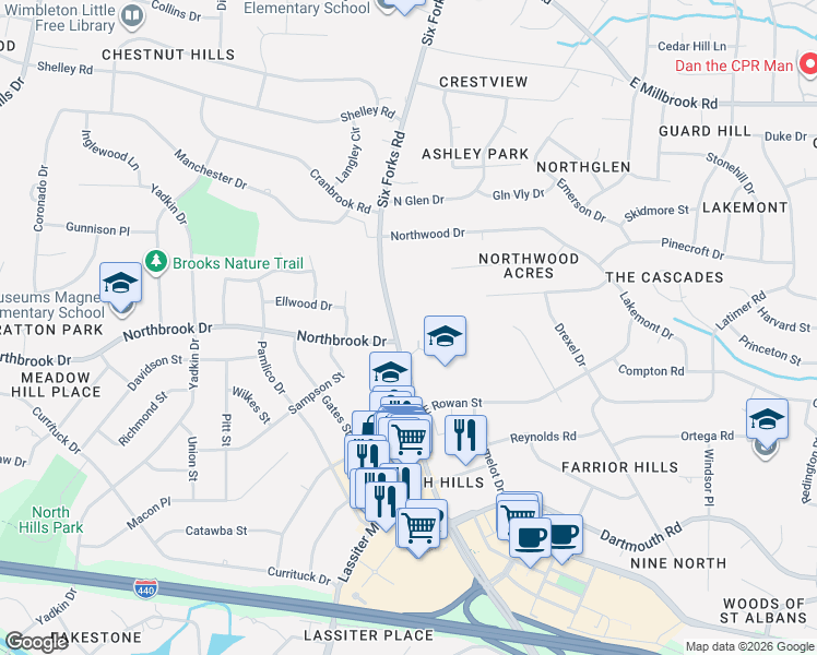 map of restaurants, bars, coffee shops, grocery stores, and more near 123-199 Northbrook Drive in Raleigh