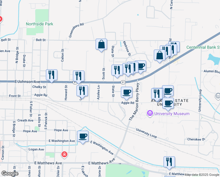 map of restaurants, bars, coffee shops, grocery stores, and more near 107 State Street in Jonesboro
