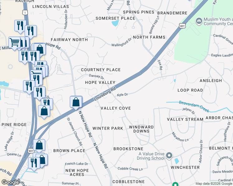 map of restaurants, bars, coffee shops, grocery stores, and more near 4720 Louisburg Road in Raleigh