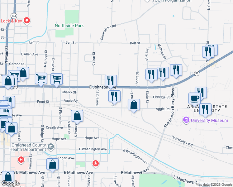 map of restaurants, bars, coffee shops, grocery stores, and more near 120 Leggett Street in Jonesboro