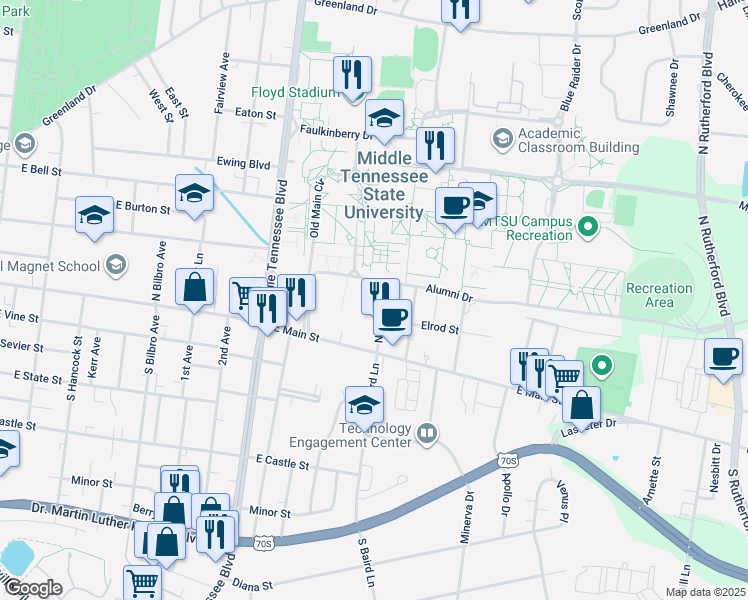 map of restaurants, bars, coffee shops, grocery stores, and more near 200 North Baird Lane in Murfreesboro