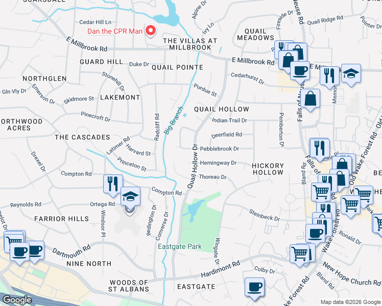 map of restaurants, bars, coffee shops, grocery stores, and more near 805 Hemingway Drive in Raleigh