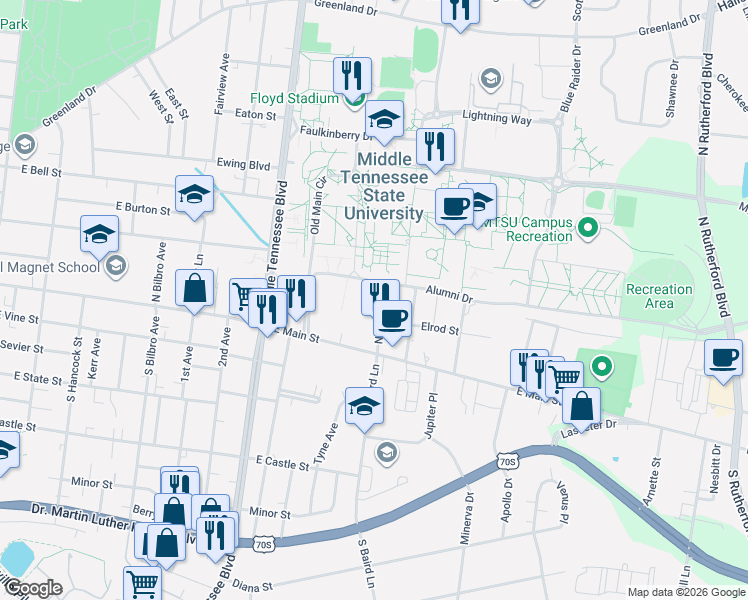 map of restaurants, bars, coffee shops, grocery stores, and more near 200 North Baird Lane in Murfreesboro