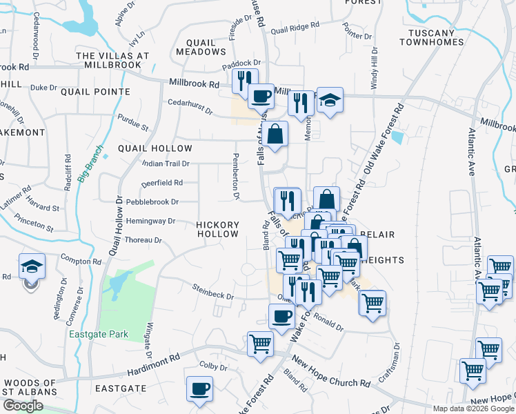 map of restaurants, bars, coffee shops, grocery stores, and more near 4605 Falls of Neuse Road in Raleigh