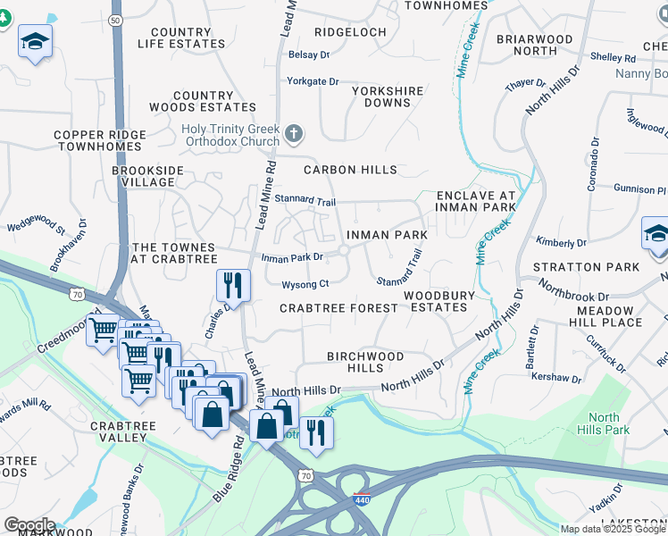 map of restaurants, bars, coffee shops, grocery stores, and more near 4604 Henley Park Court in Raleigh