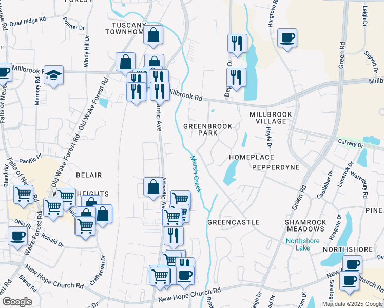 map of restaurants, bars, coffee shops, grocery stores, and more near 4705 Brockton Drive in Raleigh
