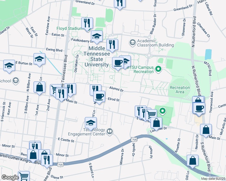 map of restaurants, bars, coffee shops, grocery stores, and more near 203 Womack Lane in Murfreesboro