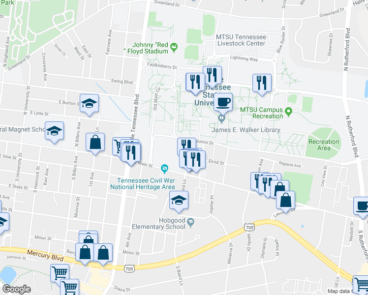 map of restaurants, bars, coffee shops, grocery stores, and more near 200 North Baird Lane in Murfreesboro