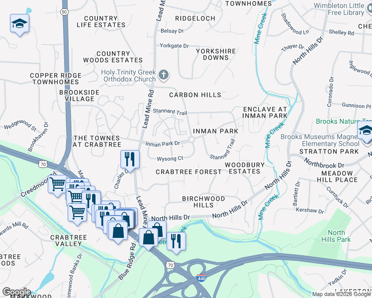 map of restaurants, bars, coffee shops, grocery stores, and more near 4604 Henley Park Court in Raleigh