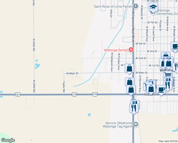 map of restaurants, bars, coffee shops, grocery stores, and more near 1021 West Main Street in Watonga