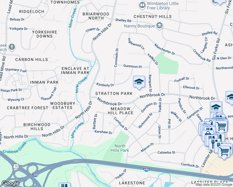 map of restaurants, bars, coffee shops, grocery stores, and more near 4708 Woodsmith Place in Raleigh