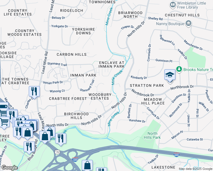 map of restaurants, bars, coffee shops, grocery stores, and more near 4616 Old Village Road in Raleigh