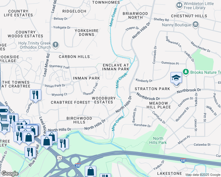 map of restaurants, bars, coffee shops, grocery stores, and more near 4616 Old Village Road in Raleigh