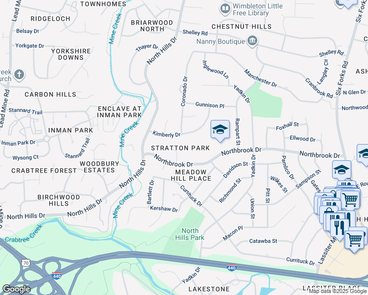 map of restaurants, bars, coffee shops, grocery stores, and more near 4708 Woodsmith Place in Raleigh