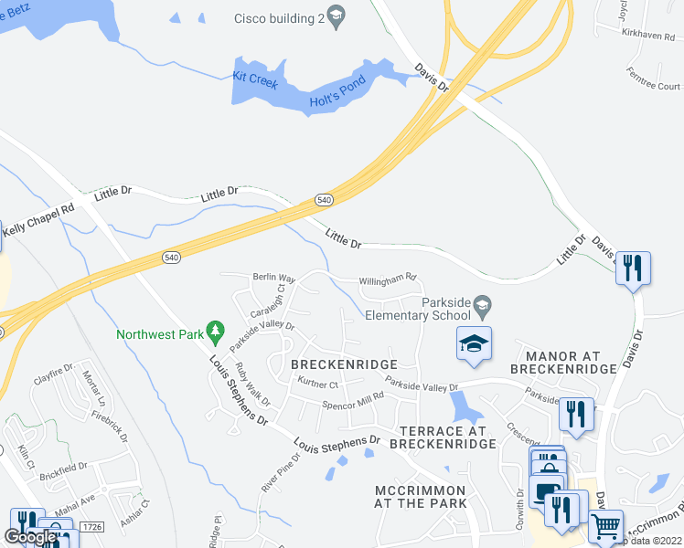 map of restaurants, bars, coffee shops, grocery stores, and more near 608 Willingham Road in Morrisville