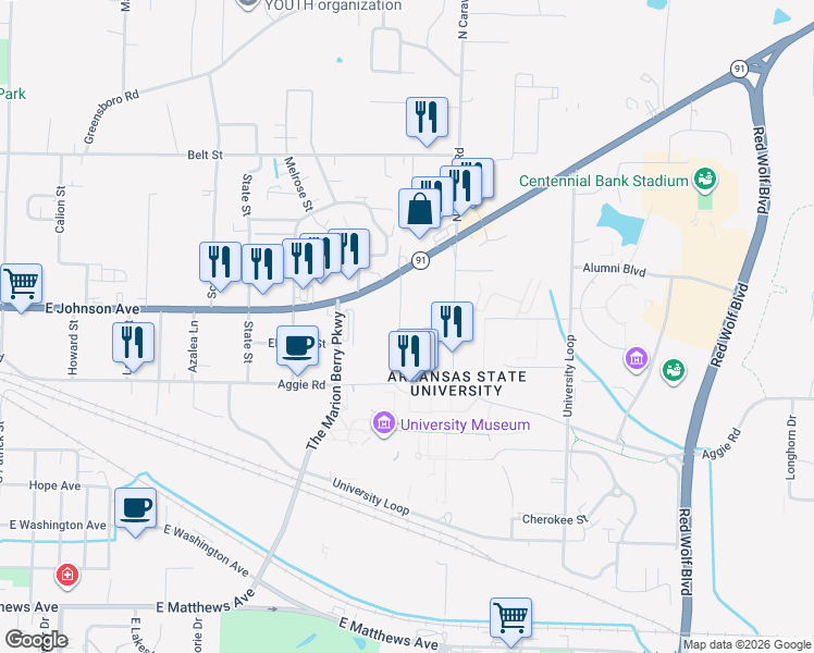map of restaurants, bars, coffee shops, grocery stores, and more near 112 Dean Street in Jonesboro