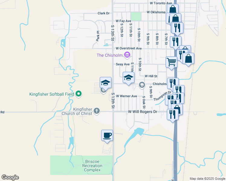 map of restaurants, bars, coffee shops, grocery stores, and more near 1604 South 13th Street in Kingfisher