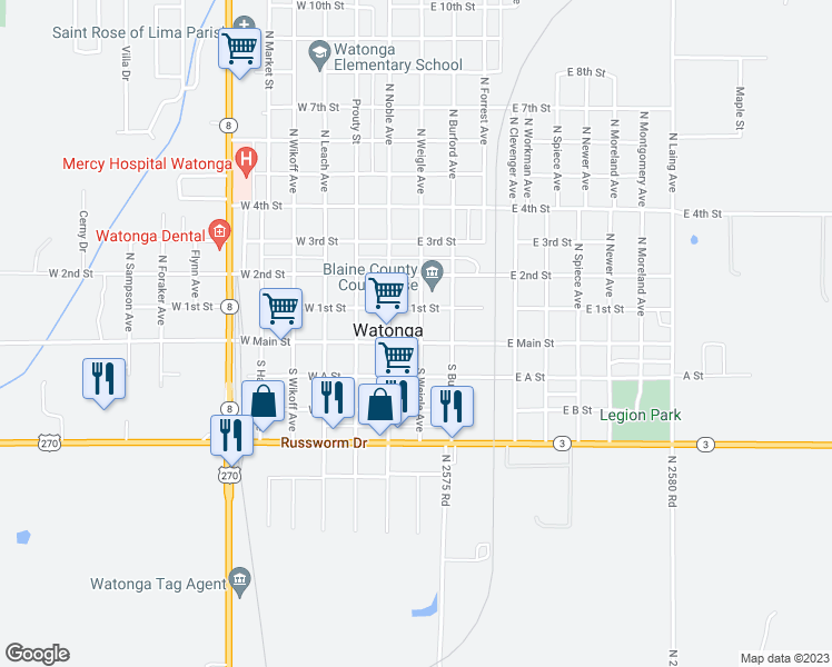 map of restaurants, bars, coffee shops, grocery stores, and more near 120 East Main Street in Watonga