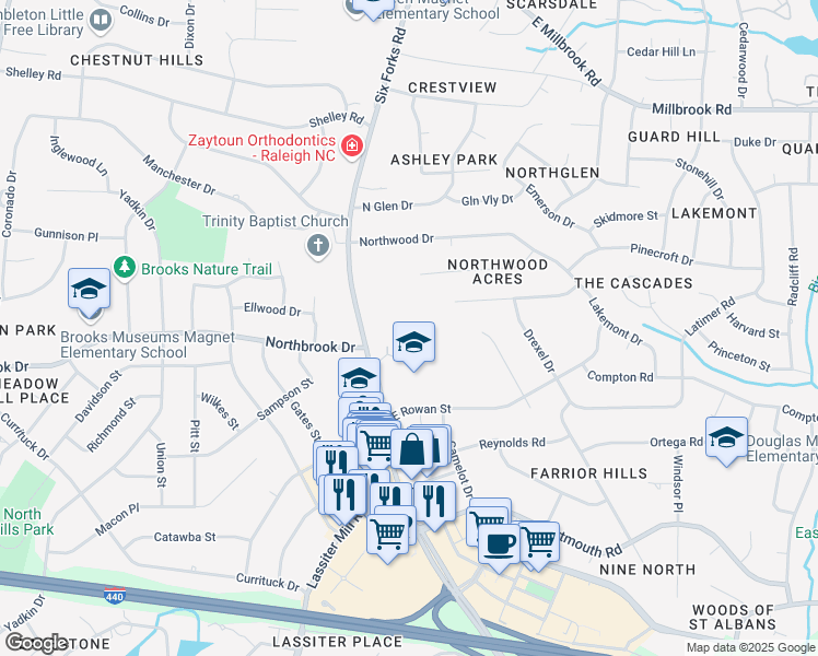 map of restaurants, bars, coffee shops, grocery stores, and more near 4700 Homewood Court in Raleigh