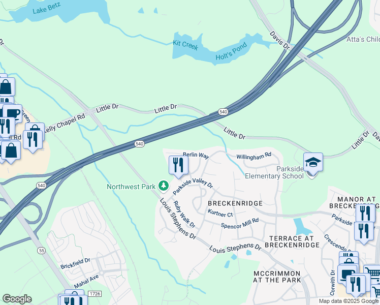 map of restaurants, bars, coffee shops, grocery stores, and more near 210 Berlin Way in Morrisville