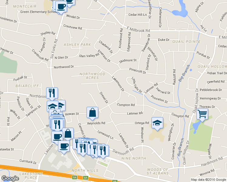 map of restaurants, bars, coffee shops, grocery stores, and more near 4608 Huntington Court in Raleigh