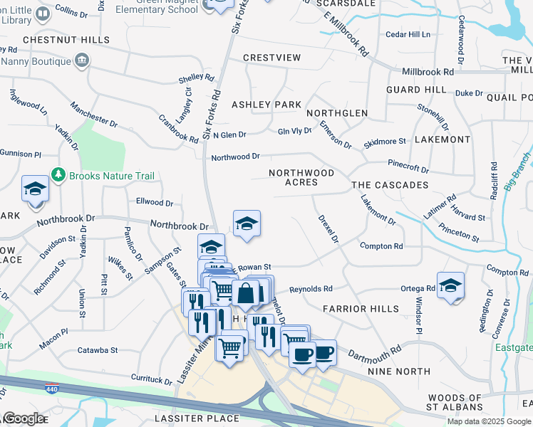 map of restaurants, bars, coffee shops, grocery stores, and more near 100 Northbrook Drive in Raleigh