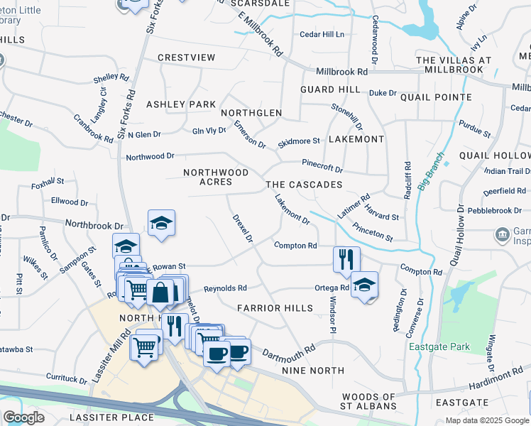 map of restaurants, bars, coffee shops, grocery stores, and more near 4608 Huntington Court in Raleigh