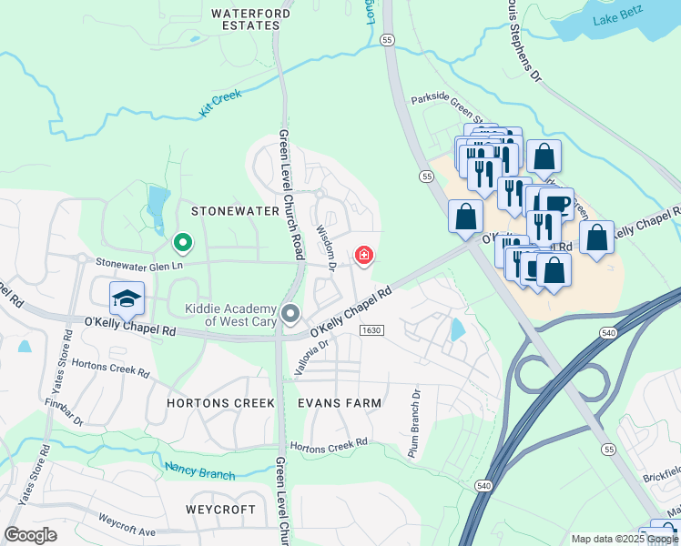 map of restaurants, bars, coffee shops, grocery stores, and more near 10000 Wisdom Drive in Cary