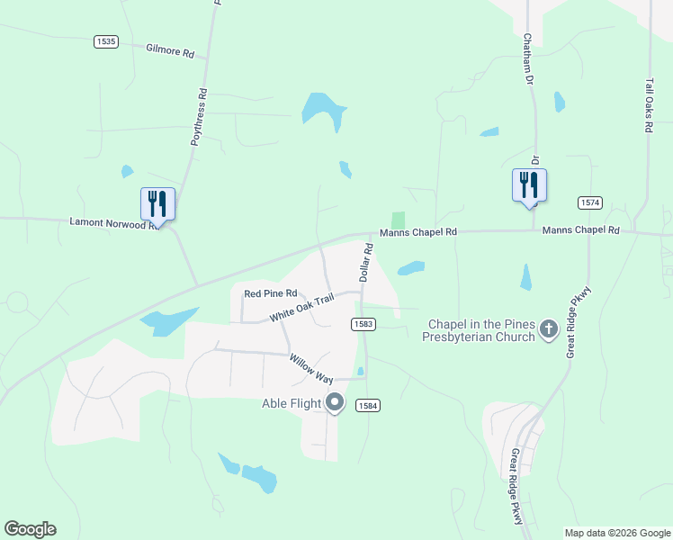 map of restaurants, bars, coffee shops, grocery stores, and more near 15 Winterberry Way in Chapel Hill
