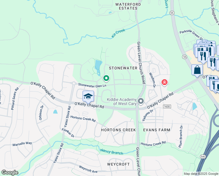map of restaurants, bars, coffee shops, grocery stores, and more near 547 Panorama Park Place in Cary