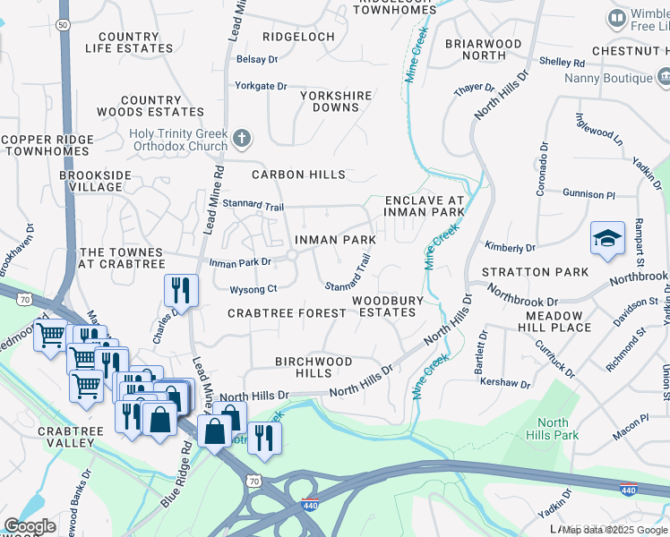 map of restaurants, bars, coffee shops, grocery stores, and more near 4601 Whitmire Place in Raleigh