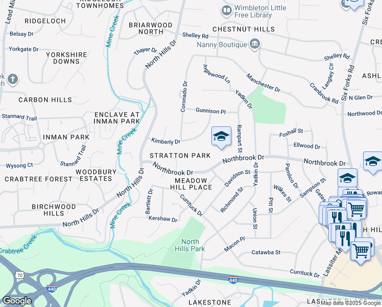 map of restaurants, bars, coffee shops, grocery stores, and more near 806 Northbrook Drive in Raleigh