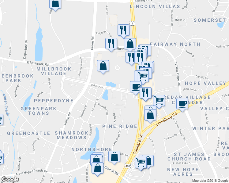 map of restaurants, bars, coffee shops, grocery stores, and more near 4712 Calvary Drive in Raleigh