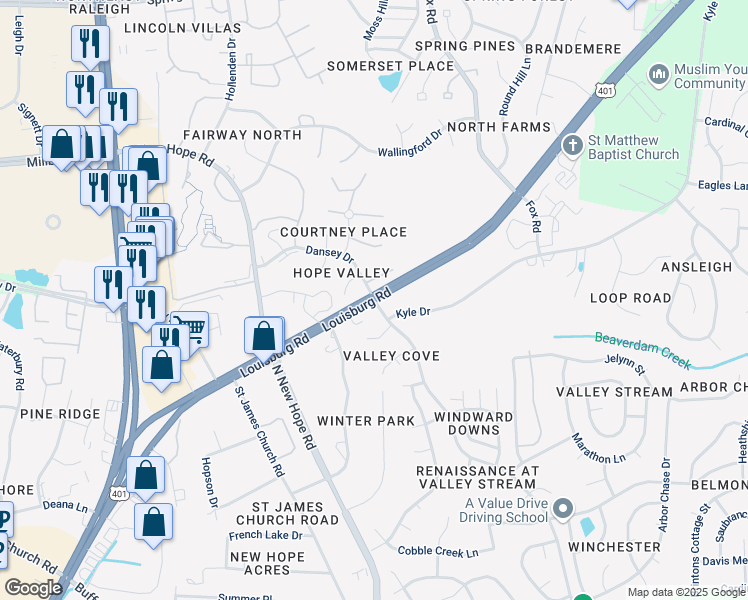 map of restaurants, bars, coffee shops, grocery stores, and more near Valley Stream Dr & Louisburg Rd in Raleigh