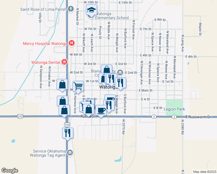 map of restaurants, bars, coffee shops, grocery stores, and more near in Watonga