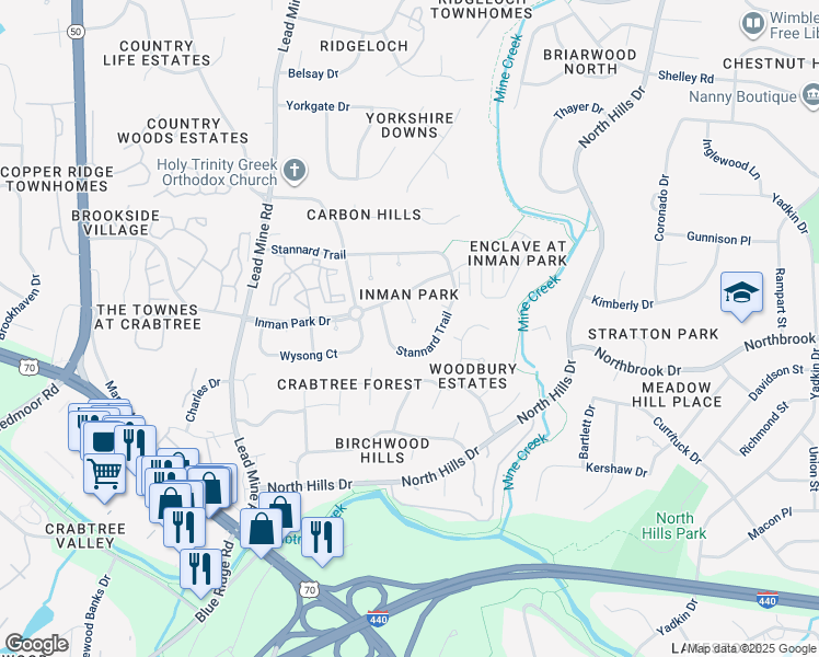 map of restaurants, bars, coffee shops, grocery stores, and more near 4601 Whitmire Place in Raleigh